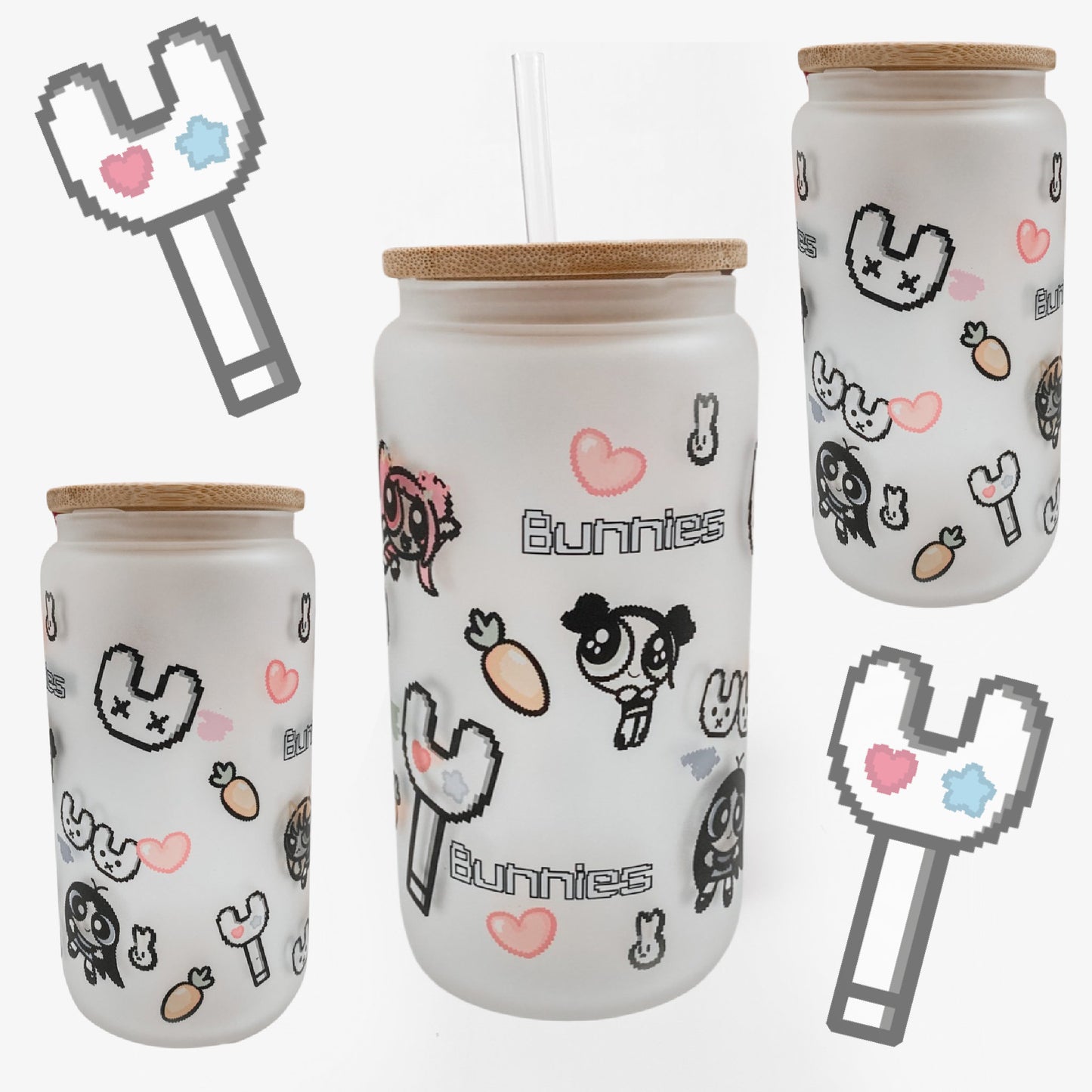 Bunnies / NewJeans inspired Frosted Glass 16 oz Cup Can Tumbler with Bamboo Lid and Straw | super shy tumbler - cup
