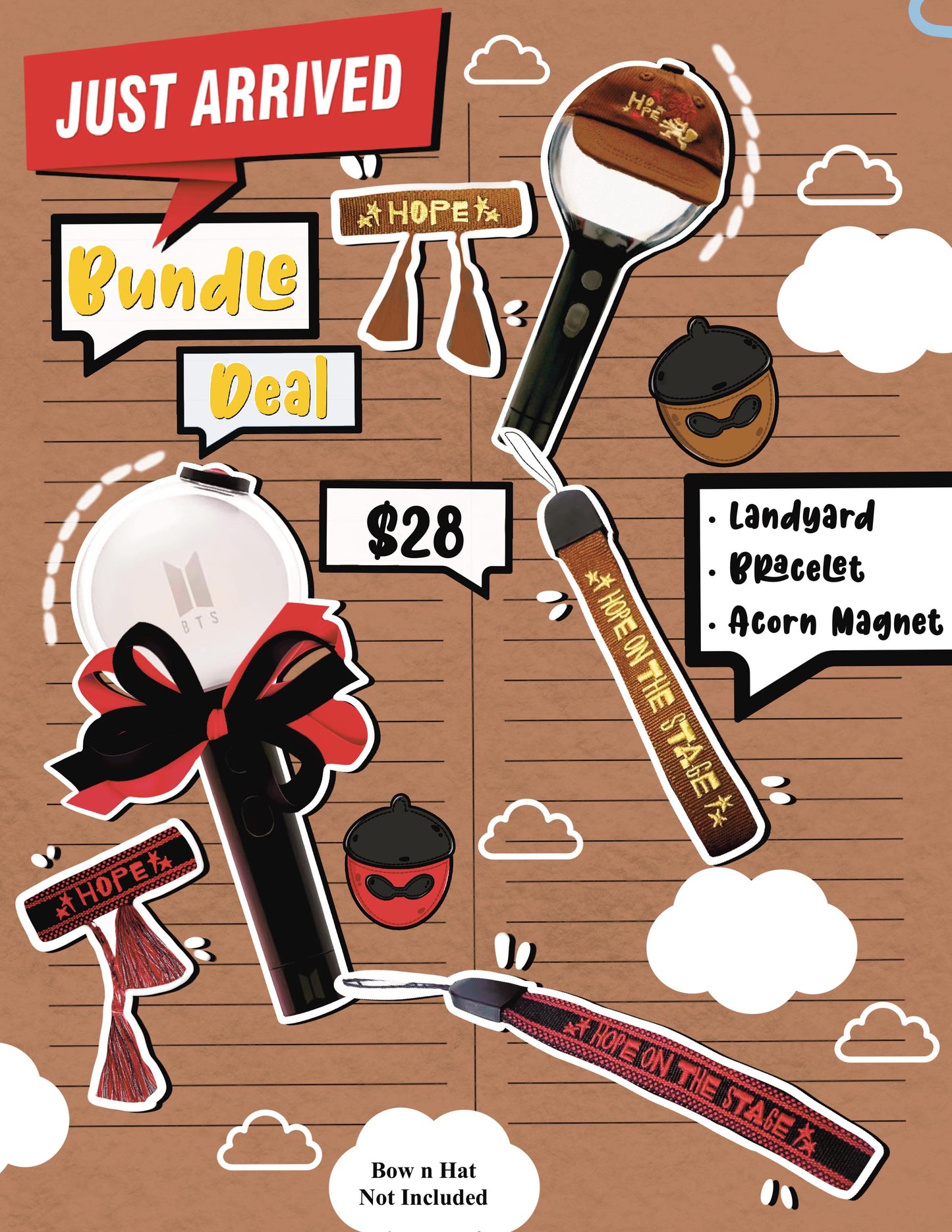 Hope Tour Edition Bundle - Hope On The Stage Lightstick Lanyard + Bracelet + Acorn Magnet Bundle / Army Bomb Lightstick Strap/ Lanyard