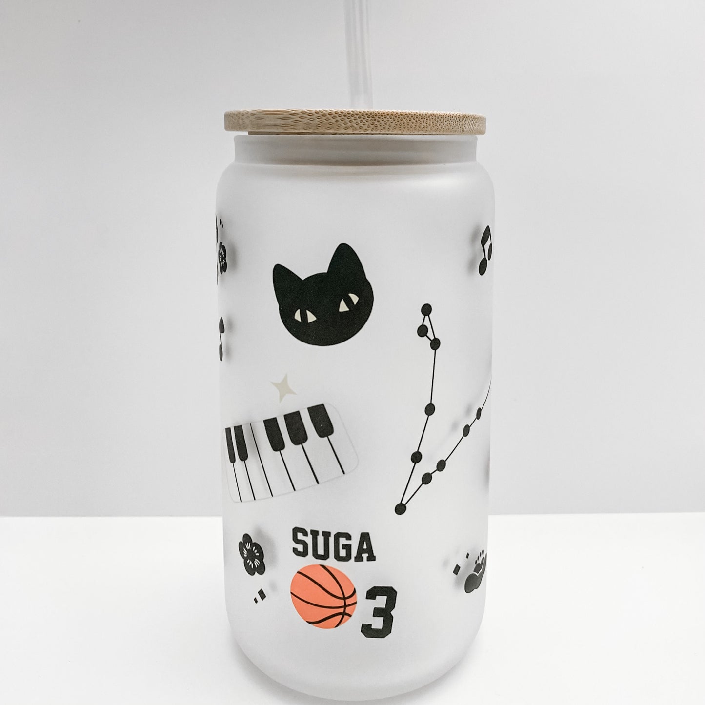 Suga / D-2 Frosted Glass 16 oz Cup Can Tumbler with Bamboo Lid and Straw | BTS tumbler - cup