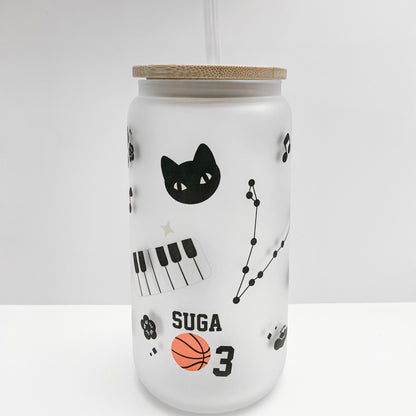 Suga / D-2 Frosted Glass 16 oz Cup Can Tumbler with Bamboo Lid and Straw | BTS tumbler - cup