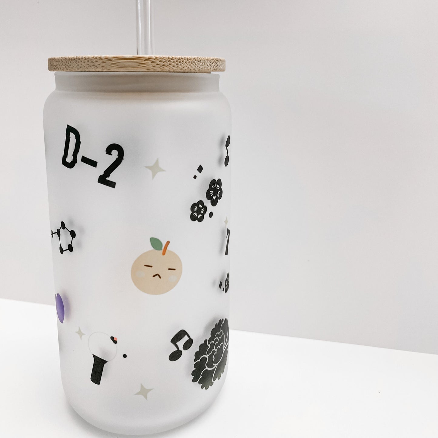 Suga / D-2 Frosted Glass 16 oz Cup Can Tumbler with Bamboo Lid and Straw | BTS tumbler - cup